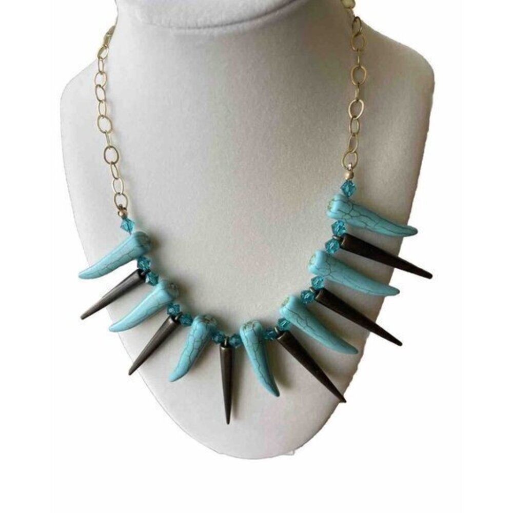 UNIQUE FAUX TURQUOISE POINTS & Boho Style STONE PENDANT BIB NECKLACE 17"